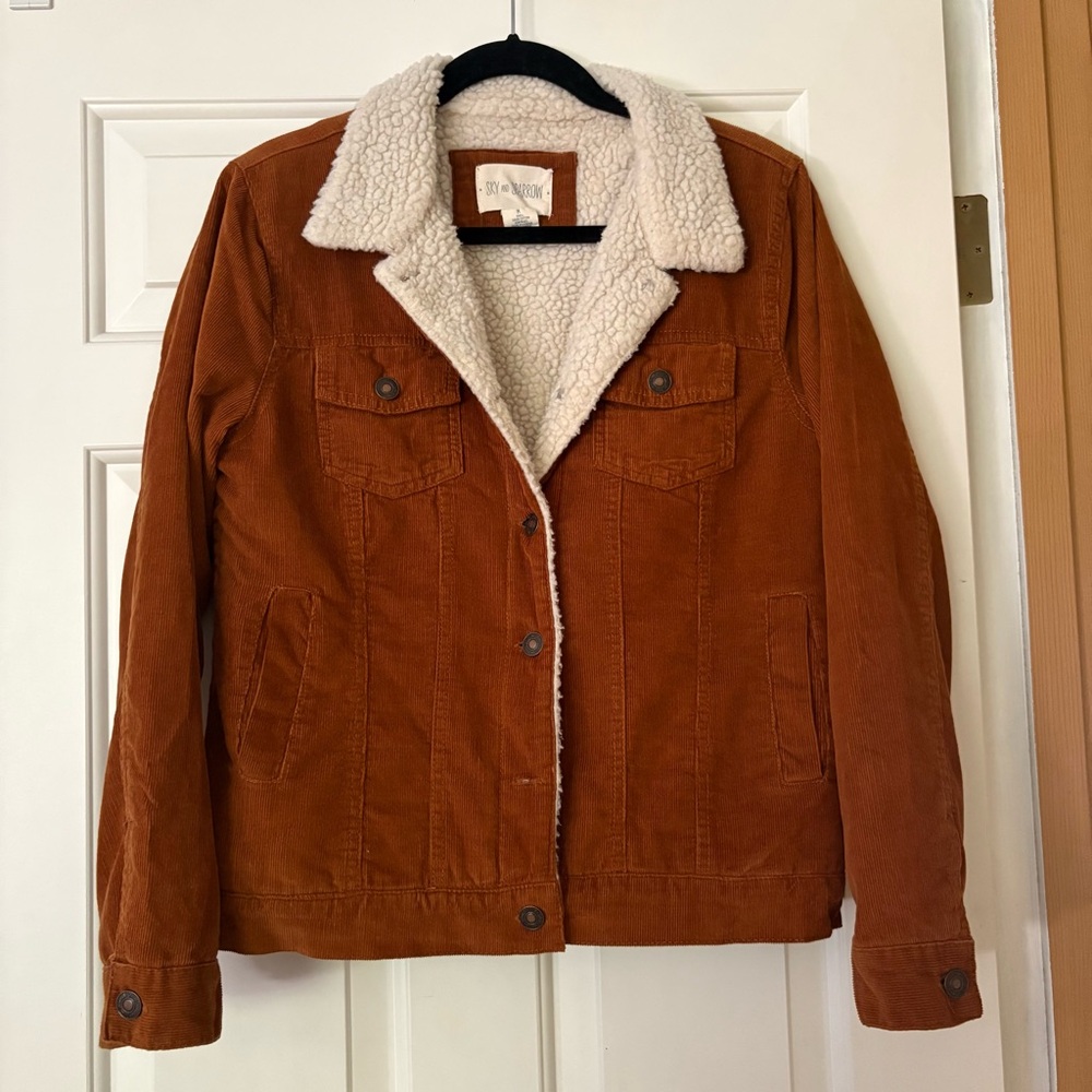 Sky and Sparrow Corduroy Teddy Sherpa Tan/Brown/Rust Orange Jacket Womens Medium
